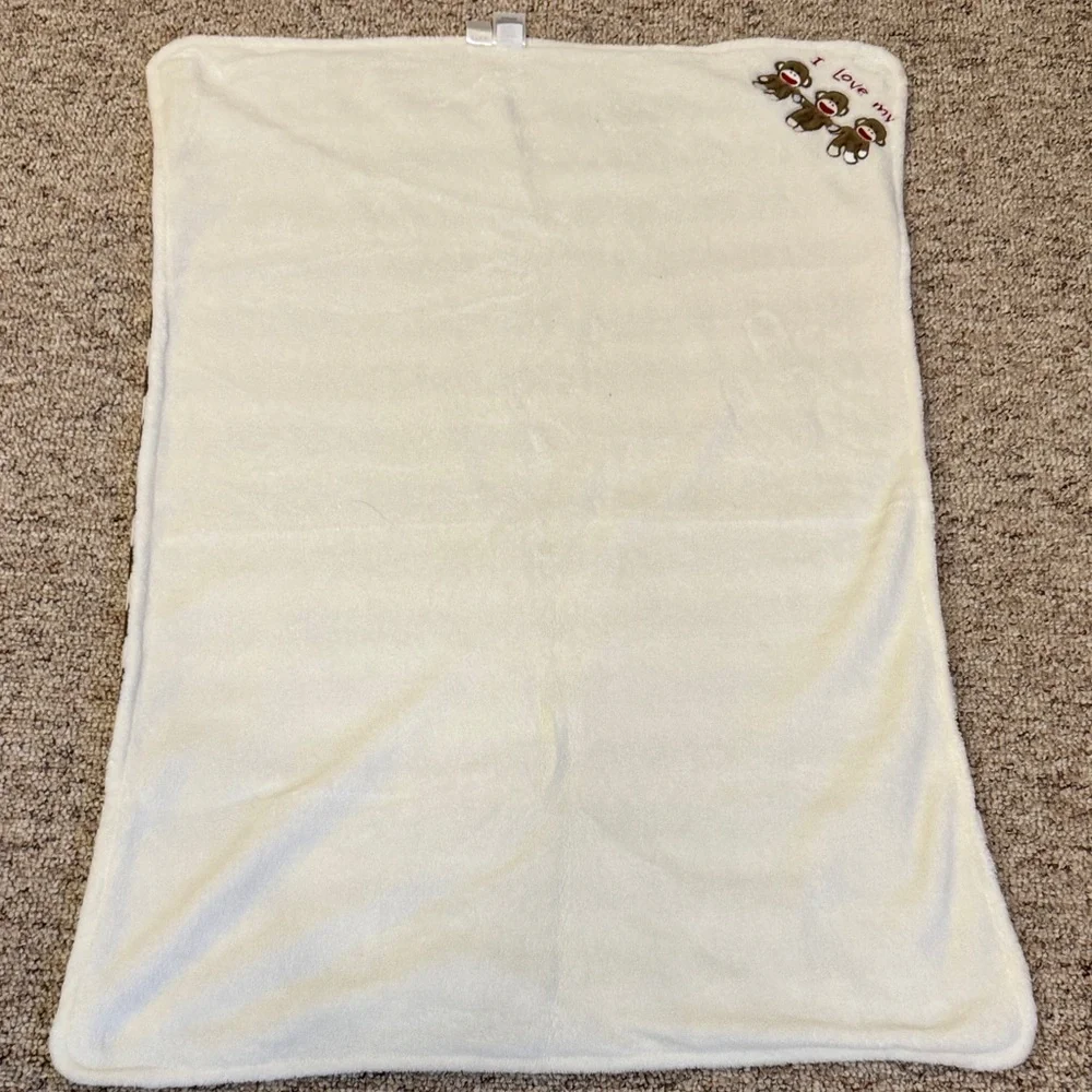 Baby Starters Cream Blanket with Sock Monkey Embroidery